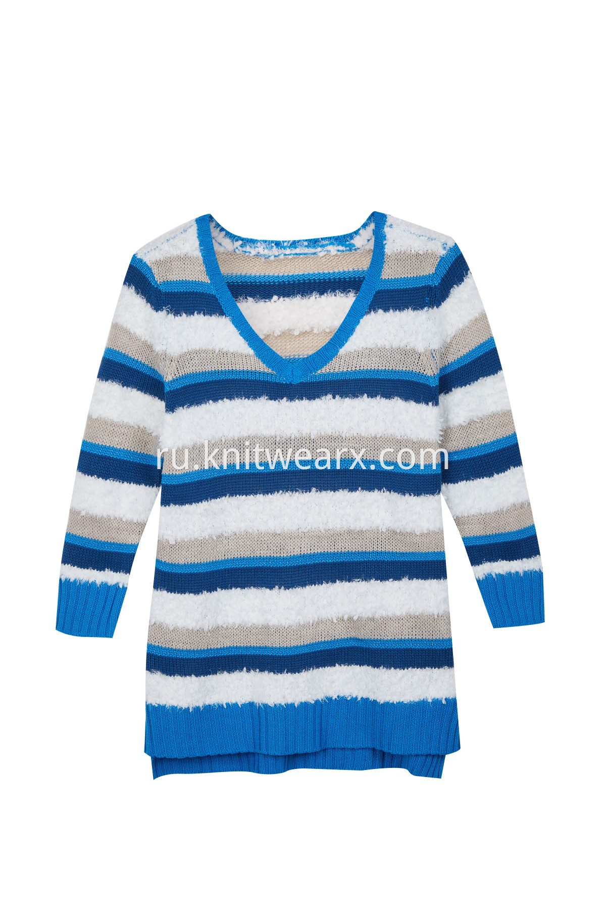 Women's Multi Stitch Color Block Stripes V-Neck Pullover Knit Sweater